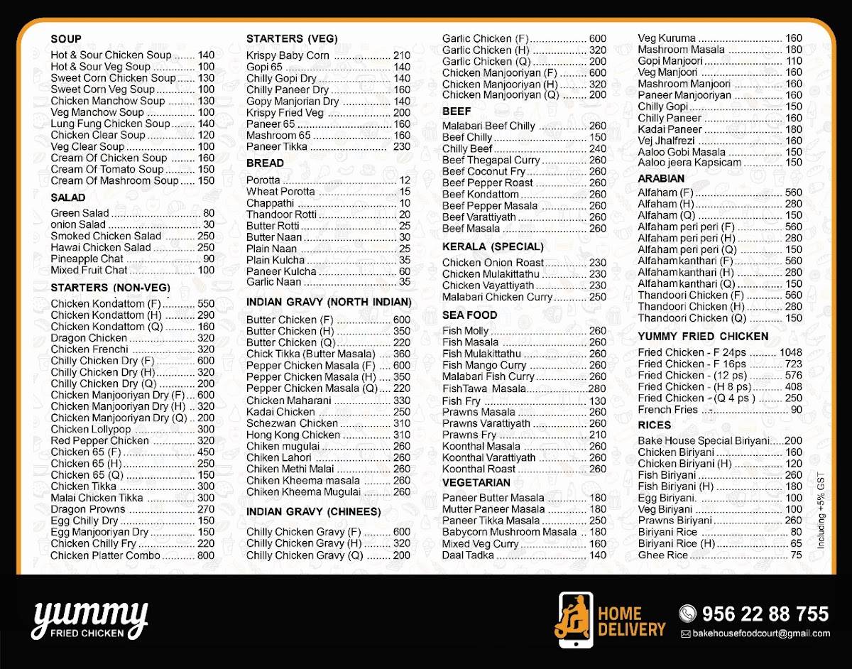 Bake House & Yummy Restaurant menu