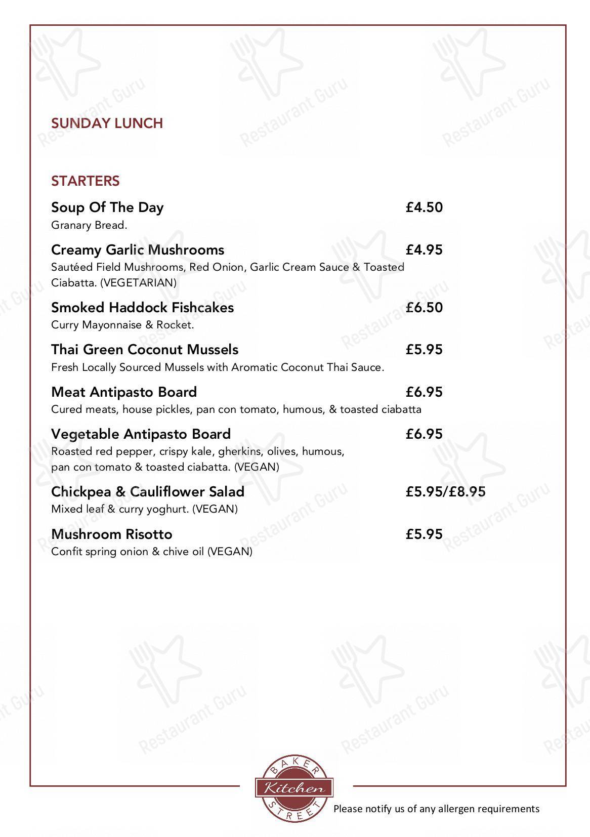 Menu at Baker Street Kitchen cafe, Middlesbrough