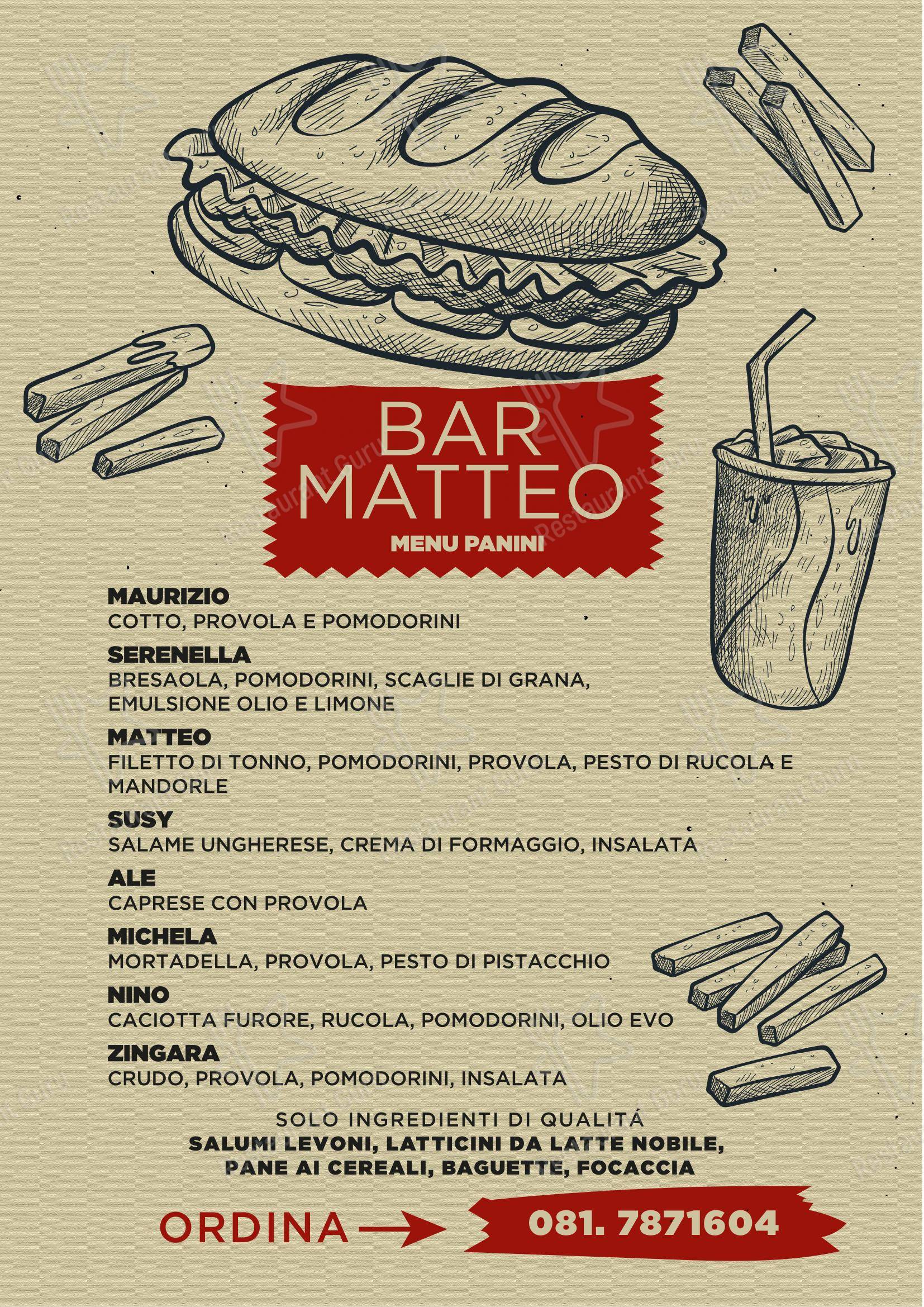 Menu per Bar Matteo pub & bar