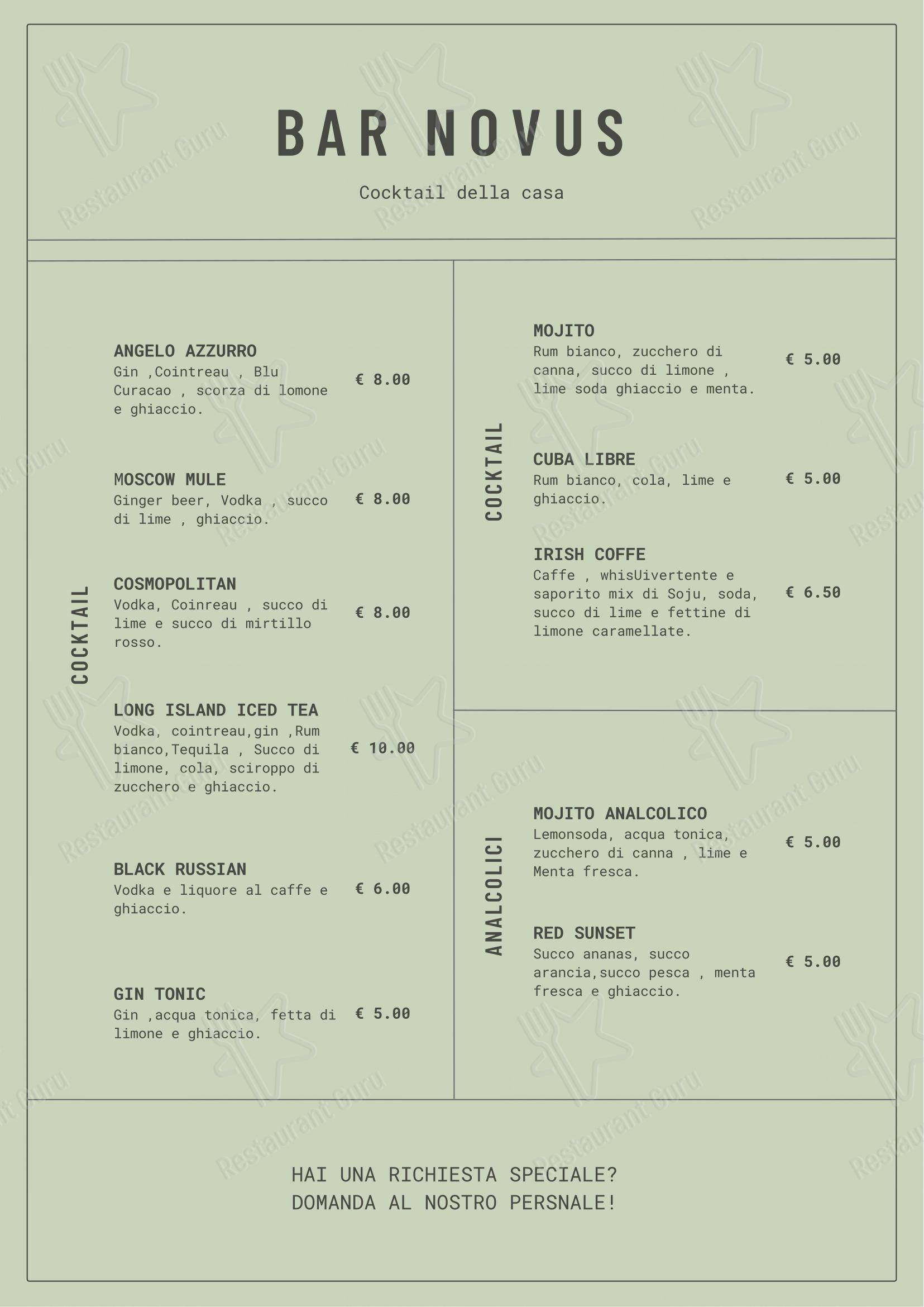Bar Novus di Bonomi Joi in Morfasso - Menu
