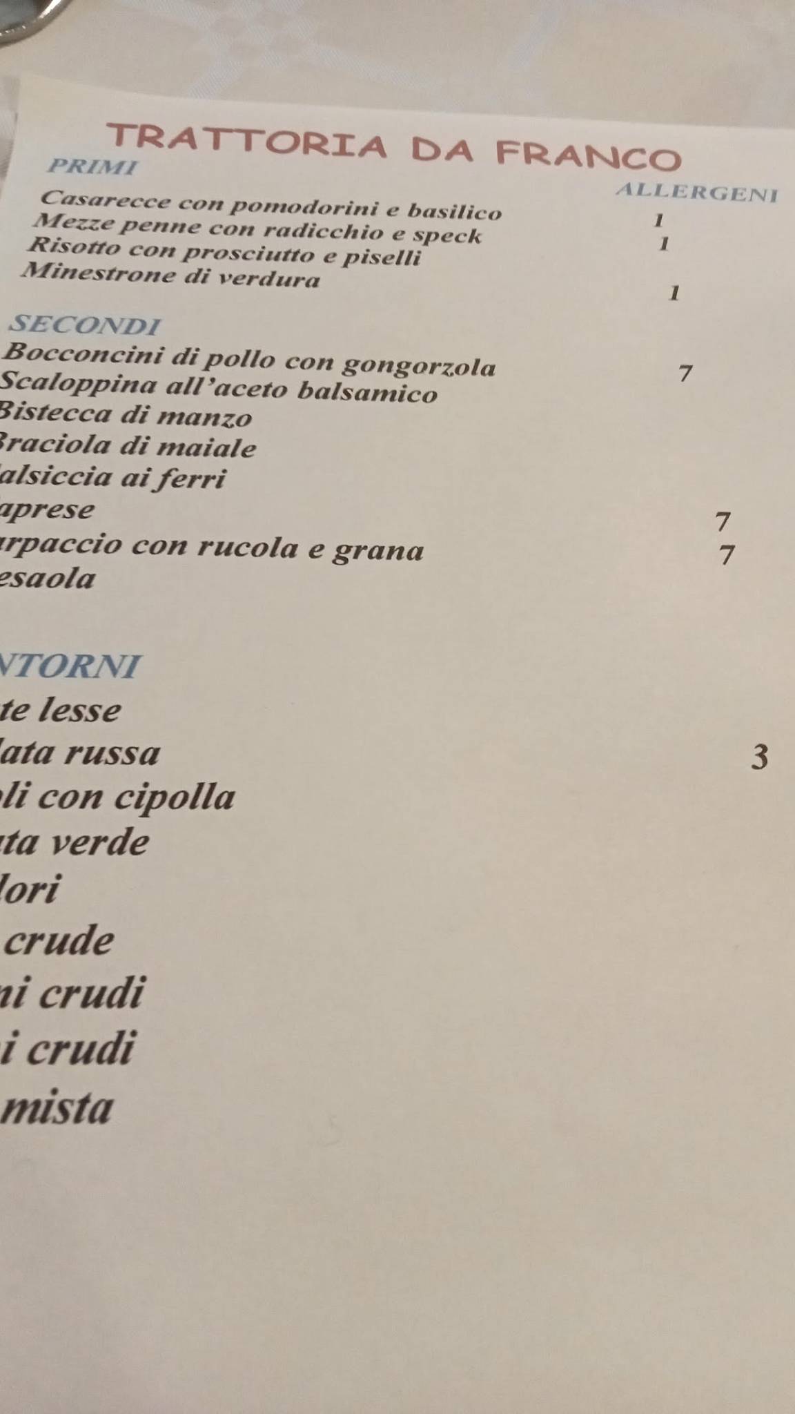 Menu di Bar Trattoria Ristorante Da Franco 