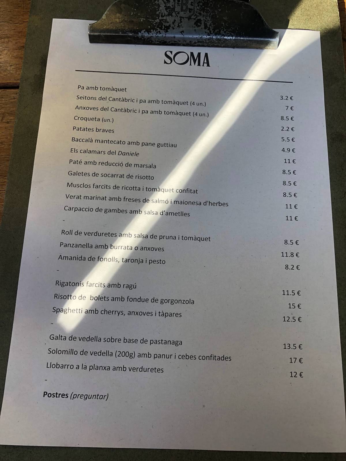 Menu at Soma restaurant, Barcelona
