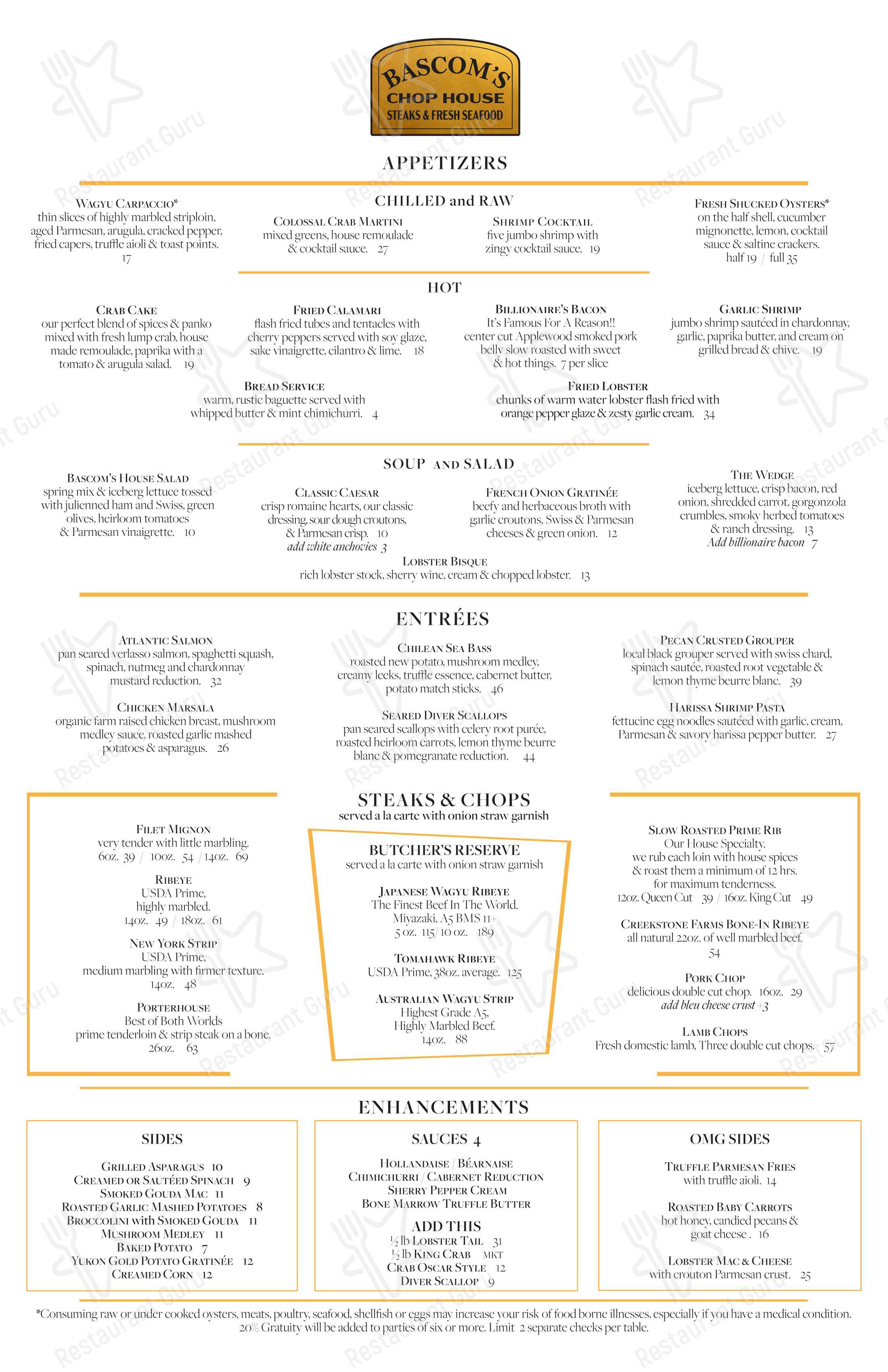 Menu at Bascom's Chop House steakhouse, Clearwater, Ulmerton Rd