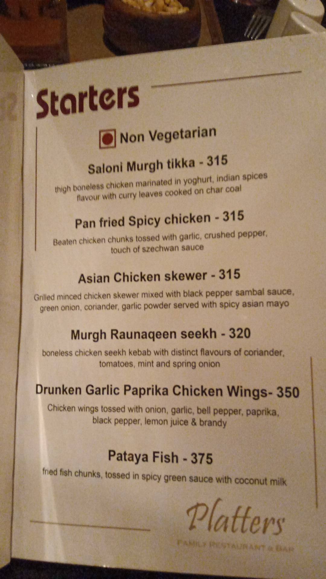 Platters Restaurant & Bar menu