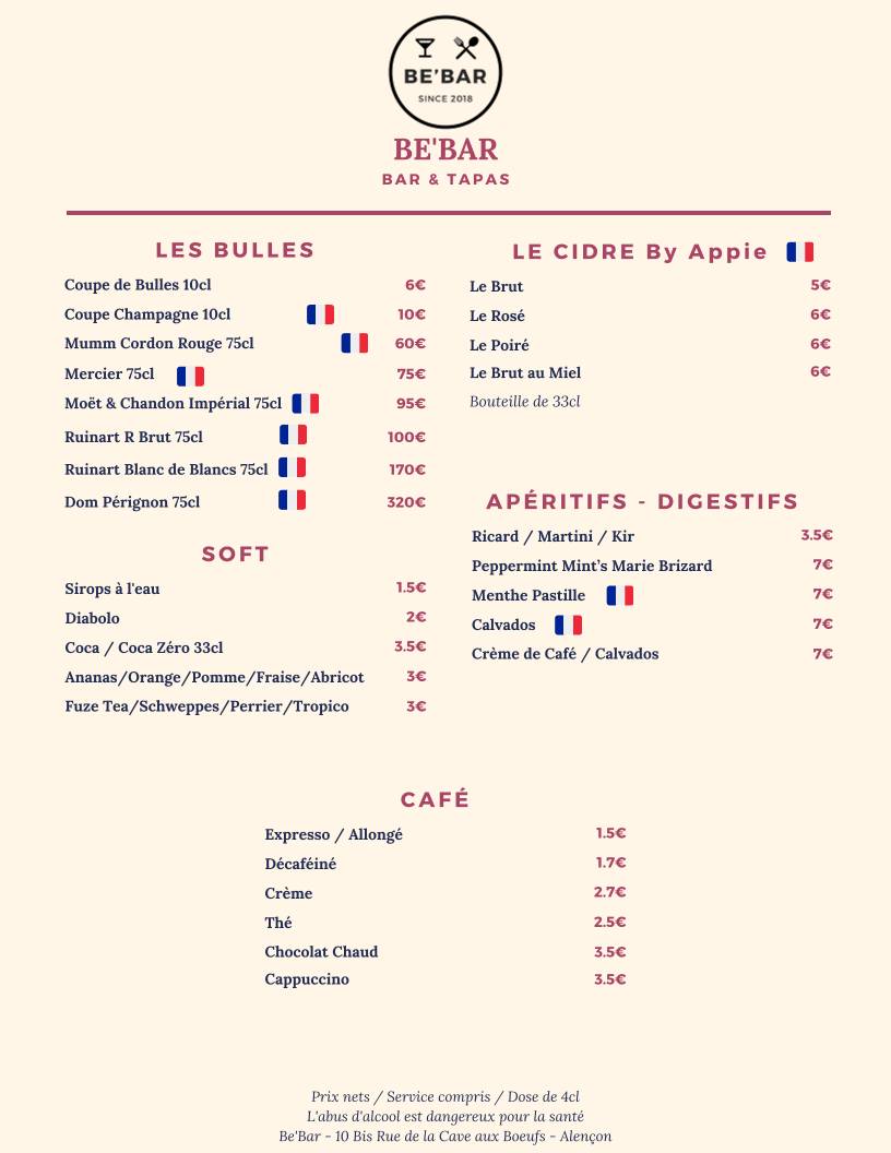 Menu de Be’Bar