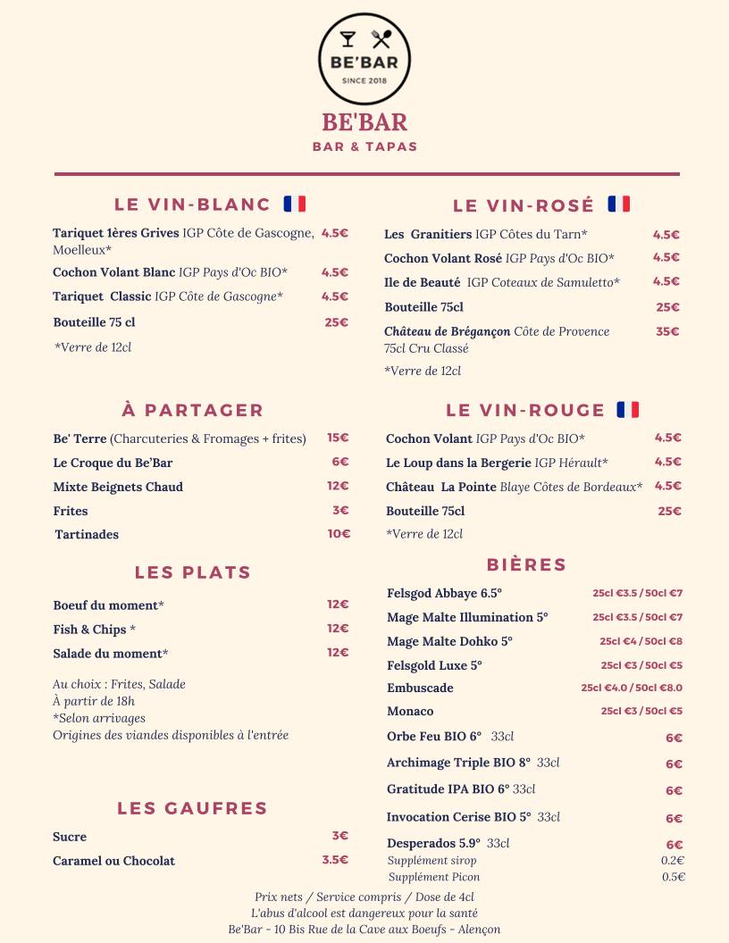 Menu de Be’Bar