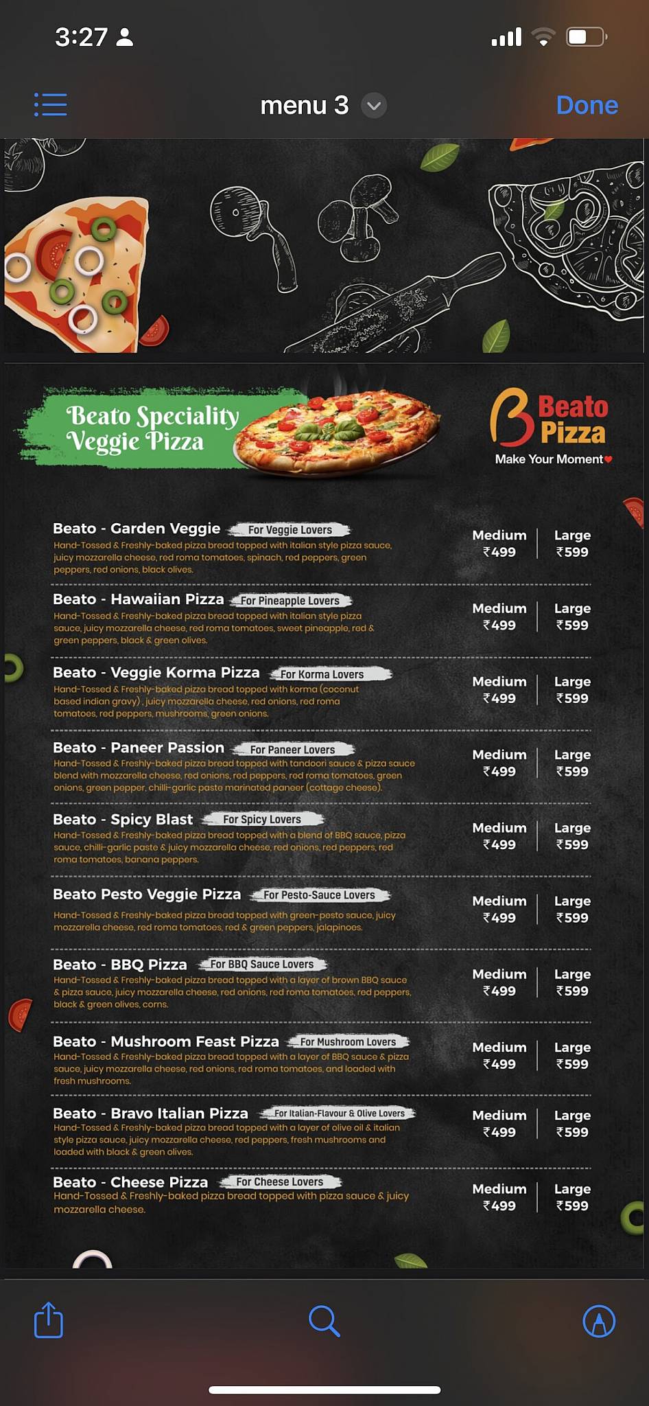 Beato Pizza menu