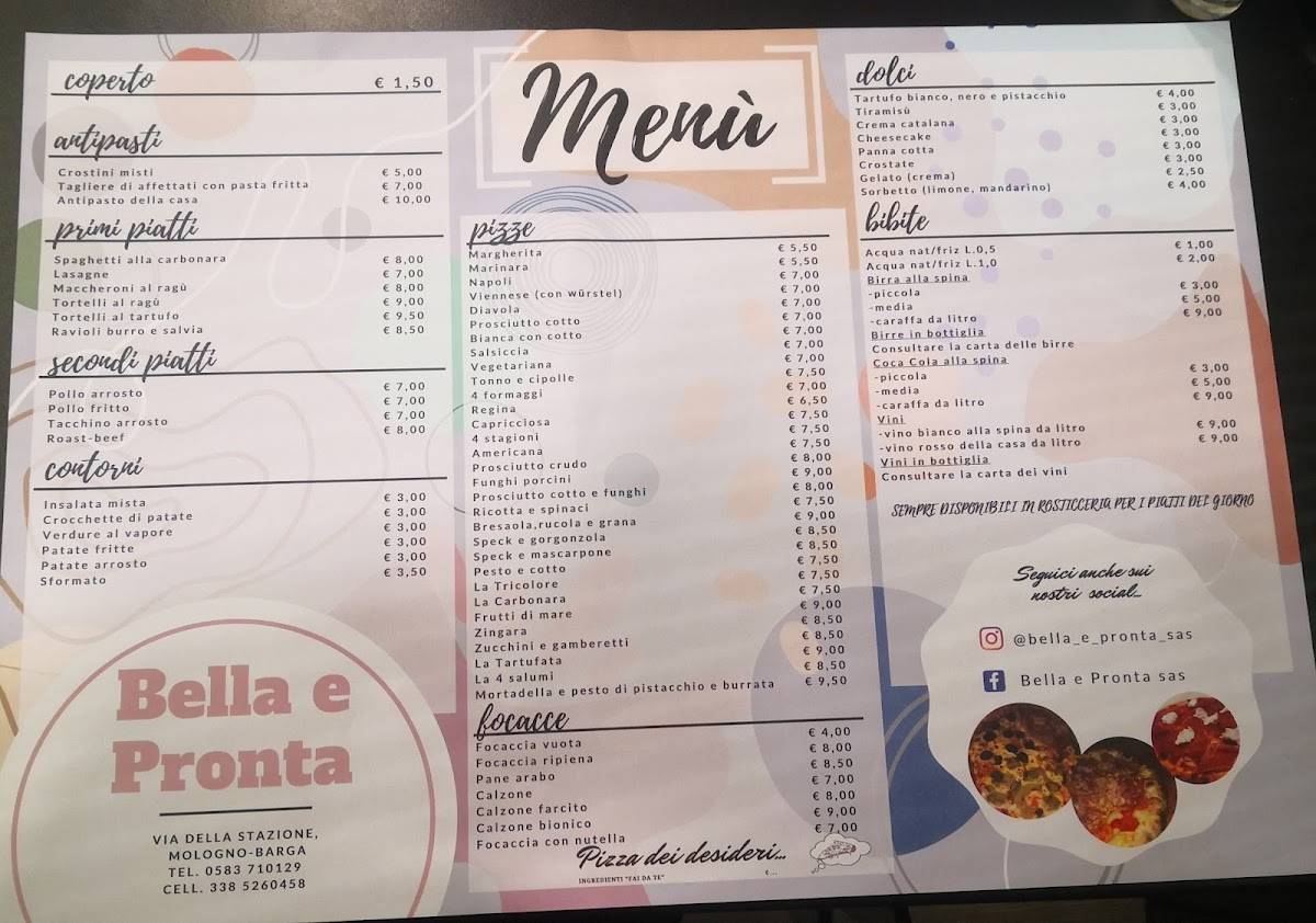 Menu di Bella e Pronta 