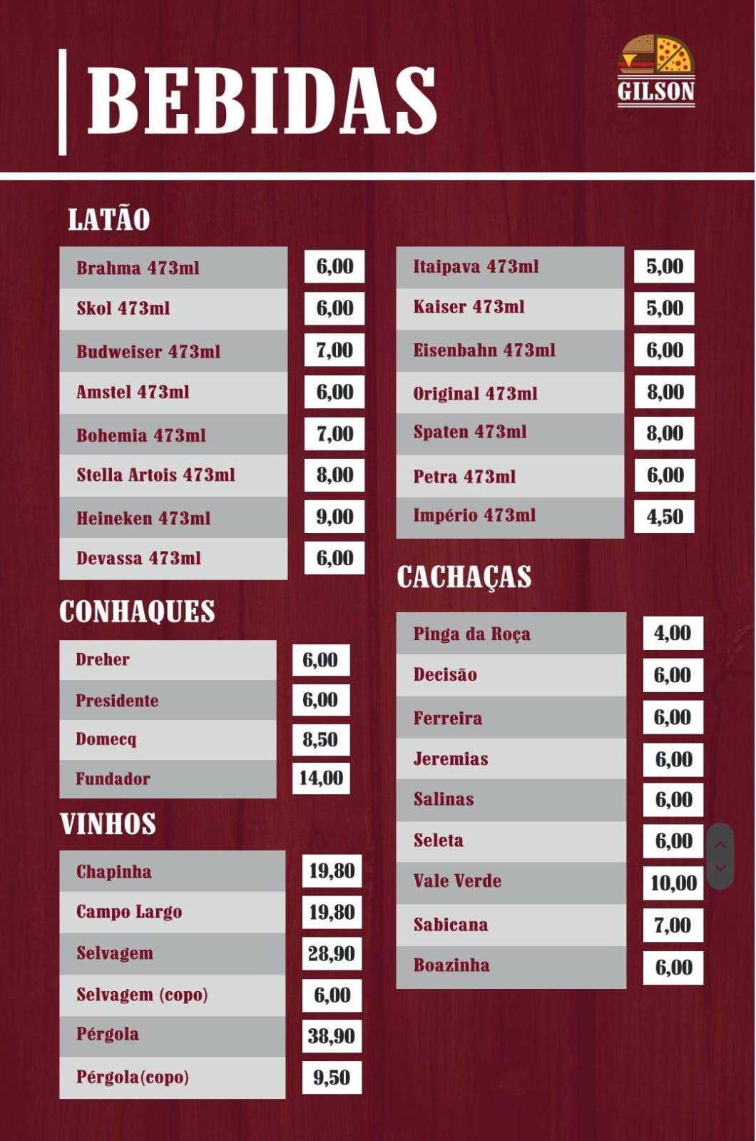 Gilson Burger e Pizzaria cardápio