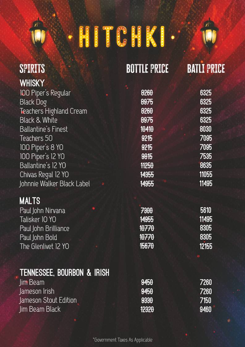 Hitchki, Whitefield menu