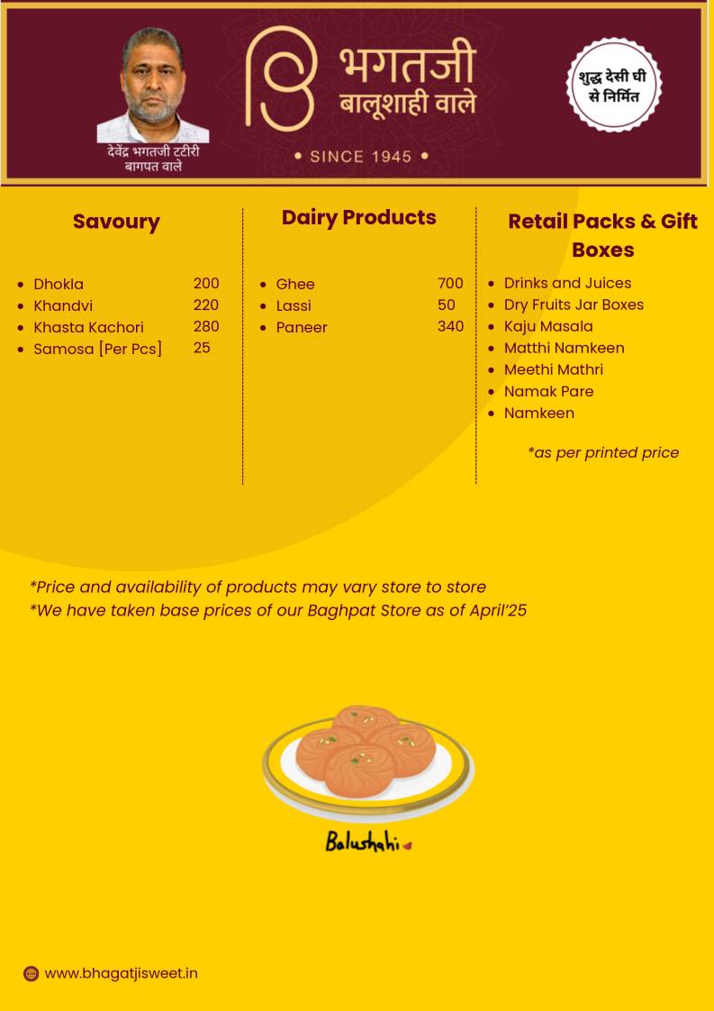 Bhagatji Balushahi Wale Baghpat, U.P. menu