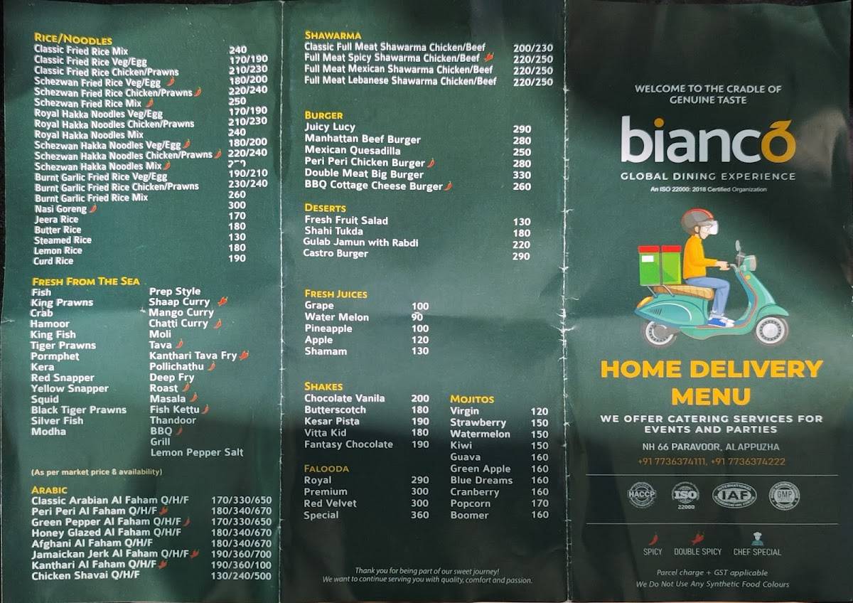 Bianco Restaurant menu
