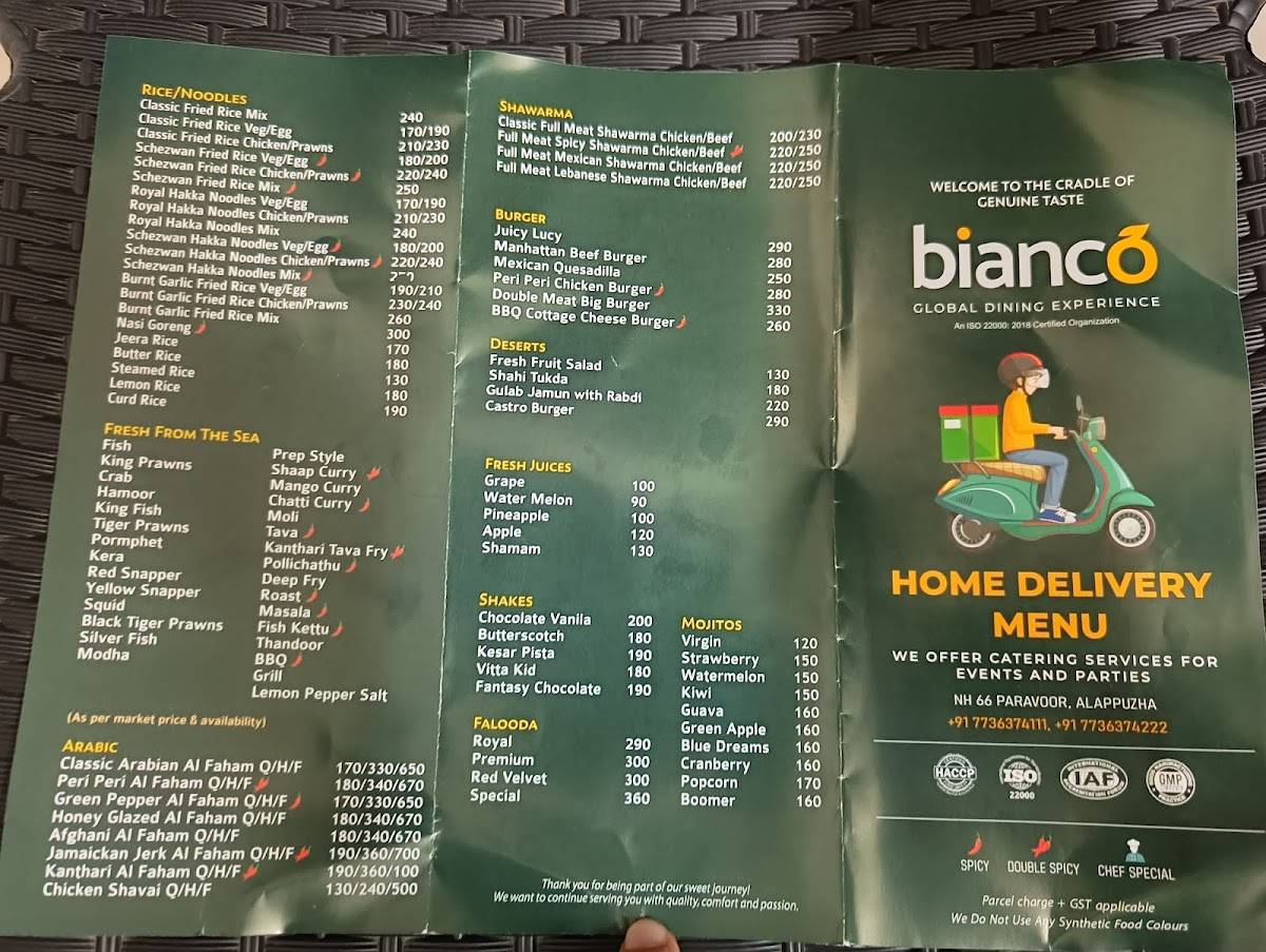Bianco Restaurant menu