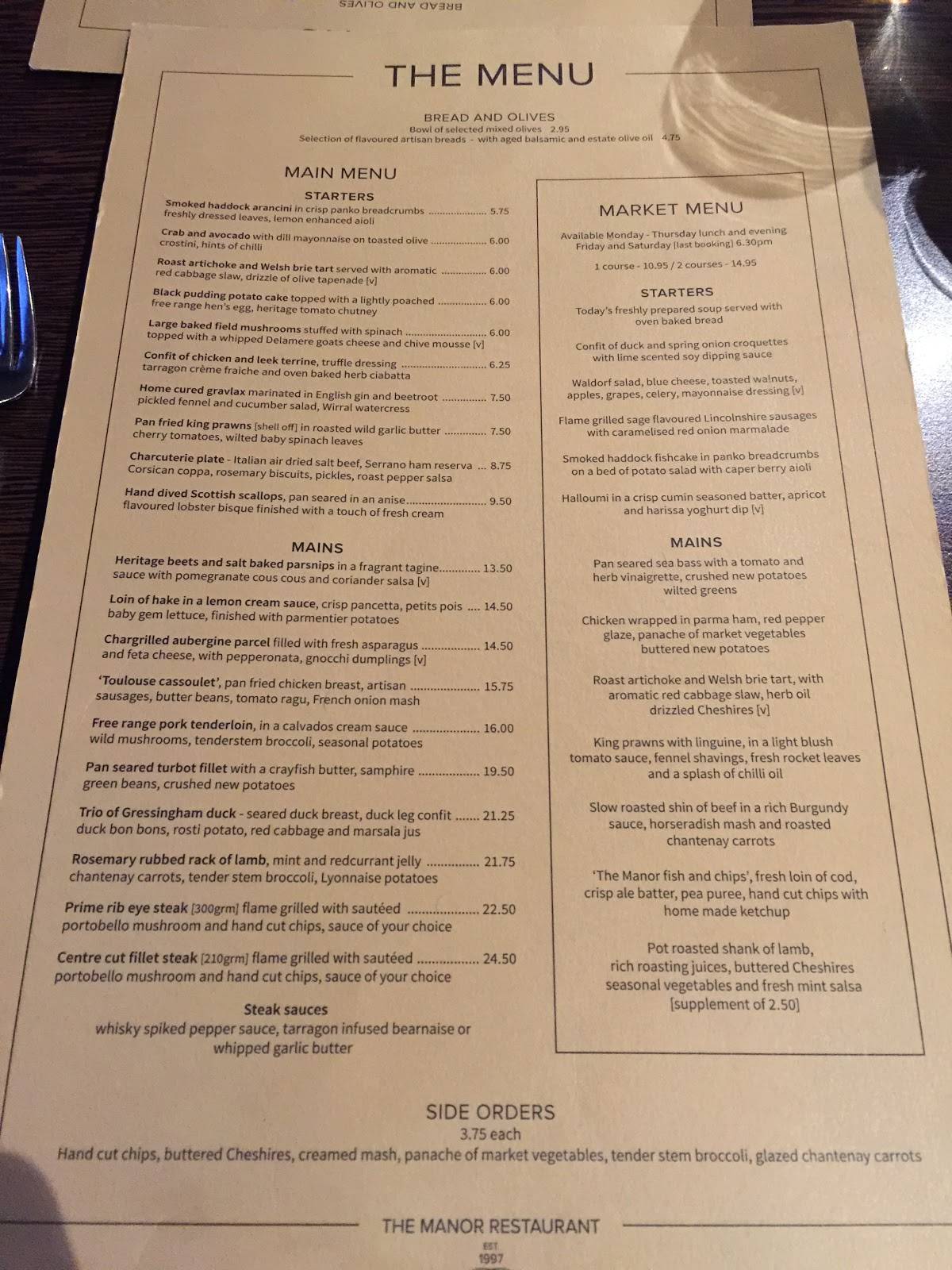 Menu at The Manor restaurant, Greasby