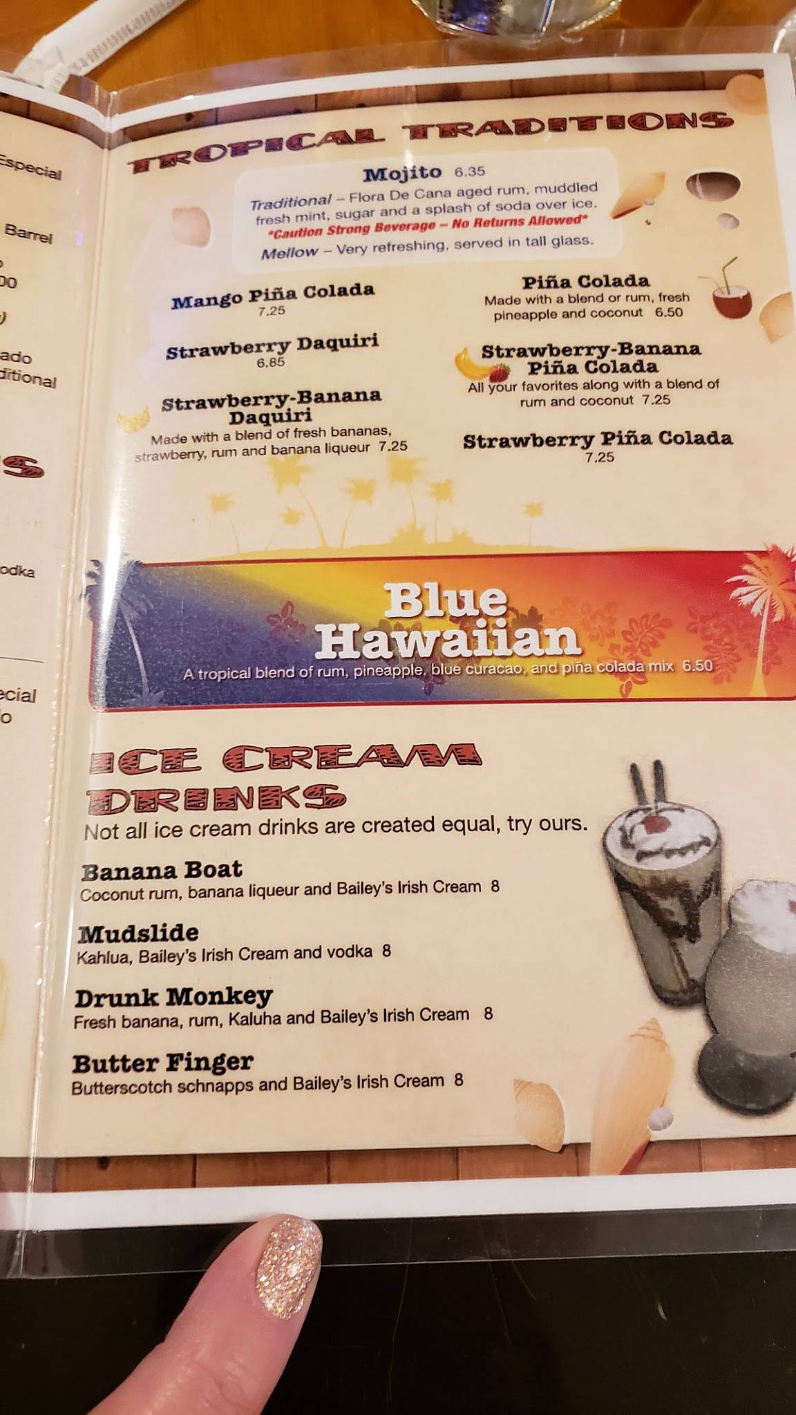 Menu at Blackbeards' pub & bar, South Padre Island