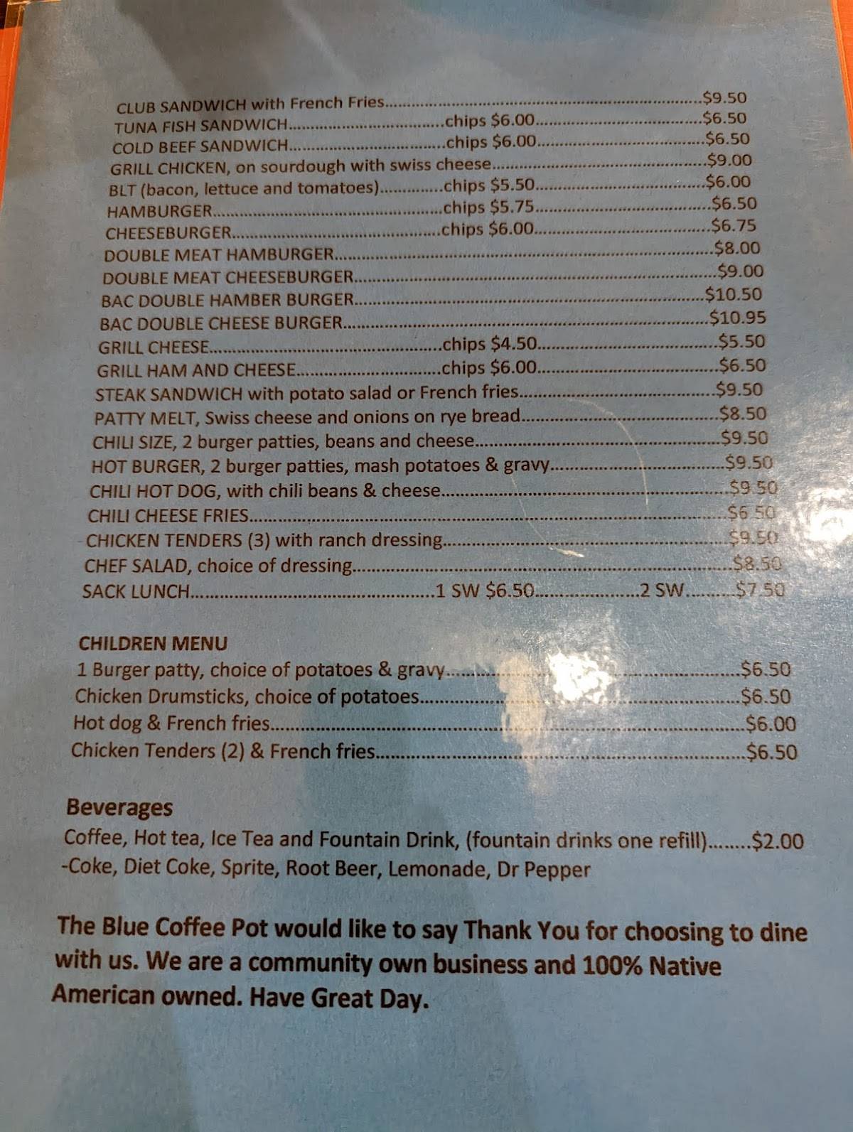 Menu at Blue Coffee Pot Restaurant, Kayenta
