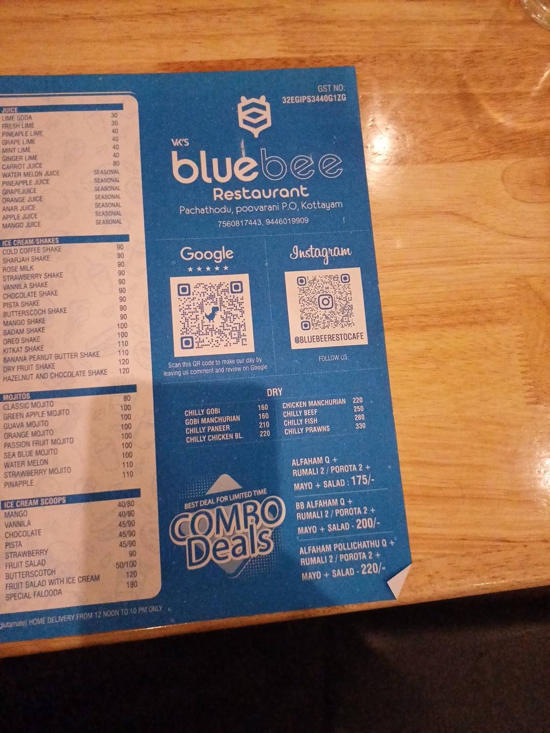 Bluebee RestoCafe menu