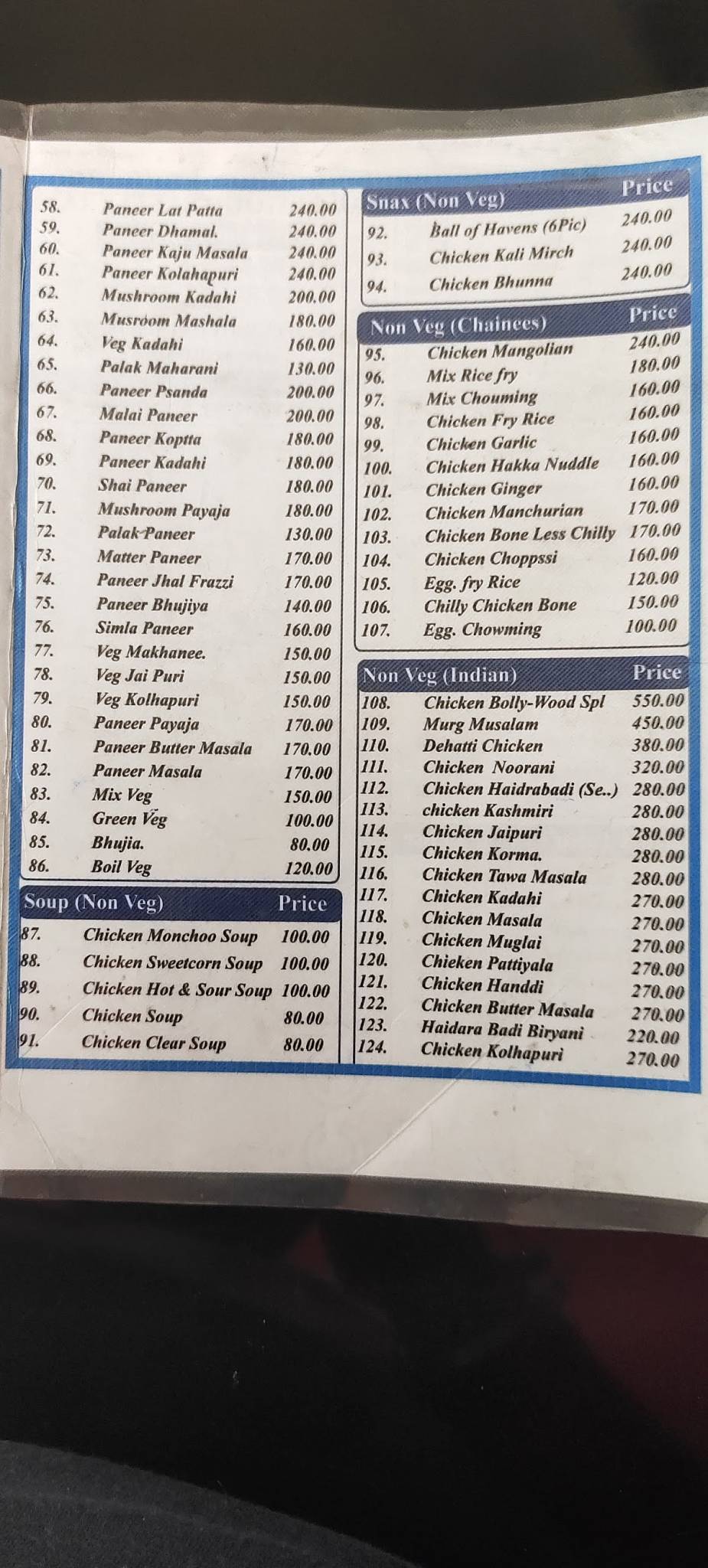 Bollywood Restaurant menu