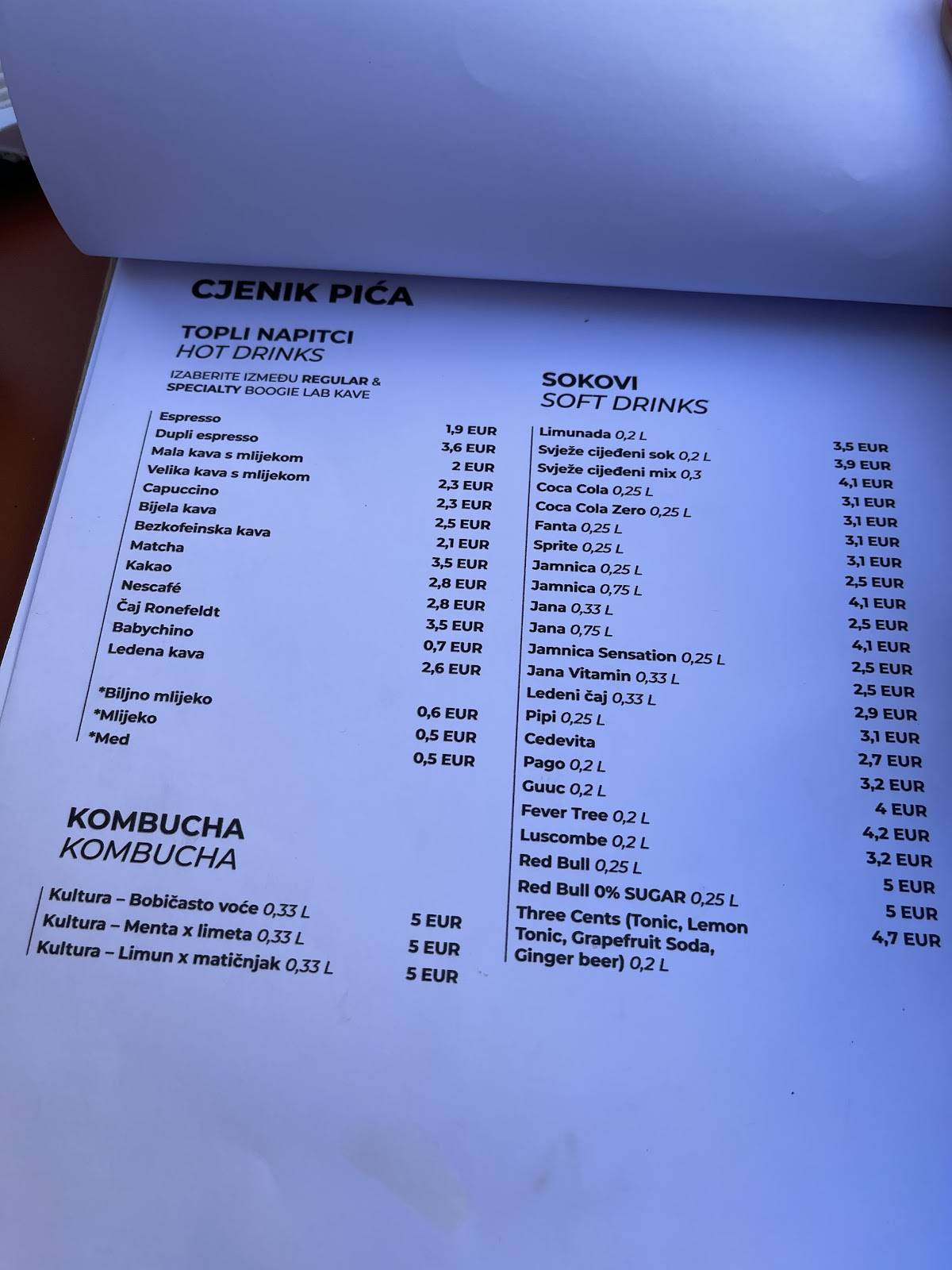 Menu di Boogie Lab Zagreb 