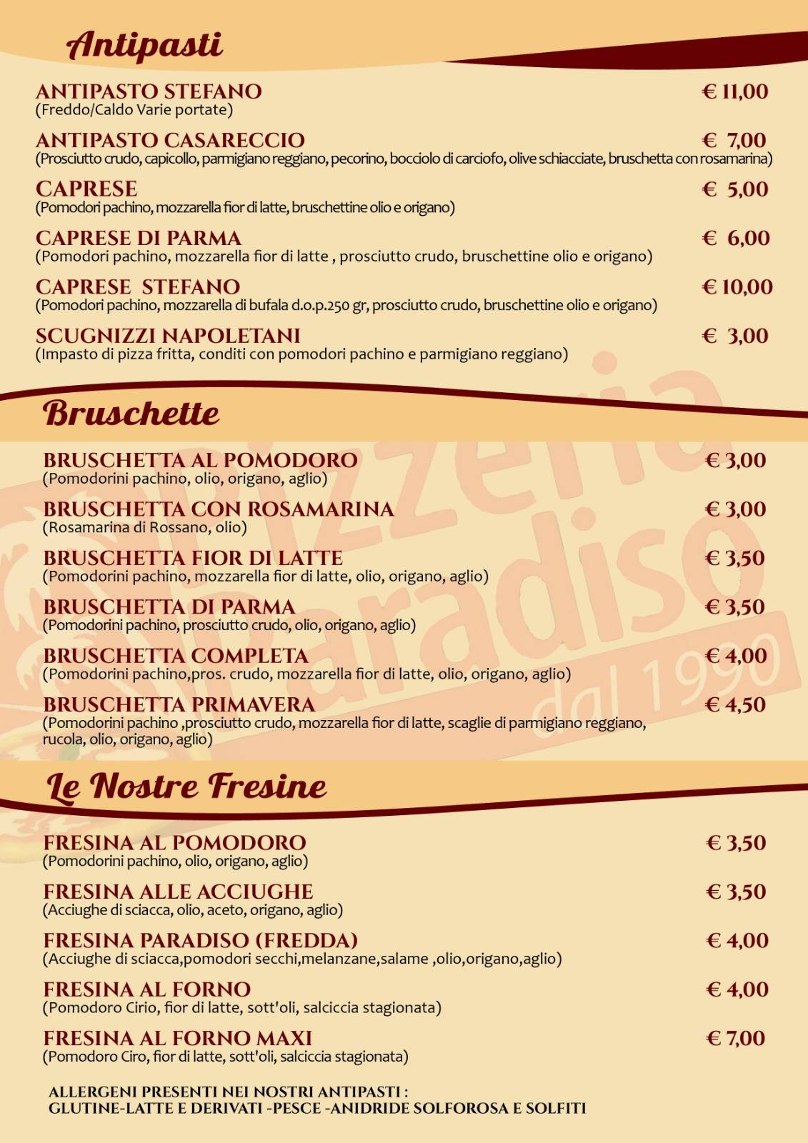 Menu di Pizzeria Paradiso 