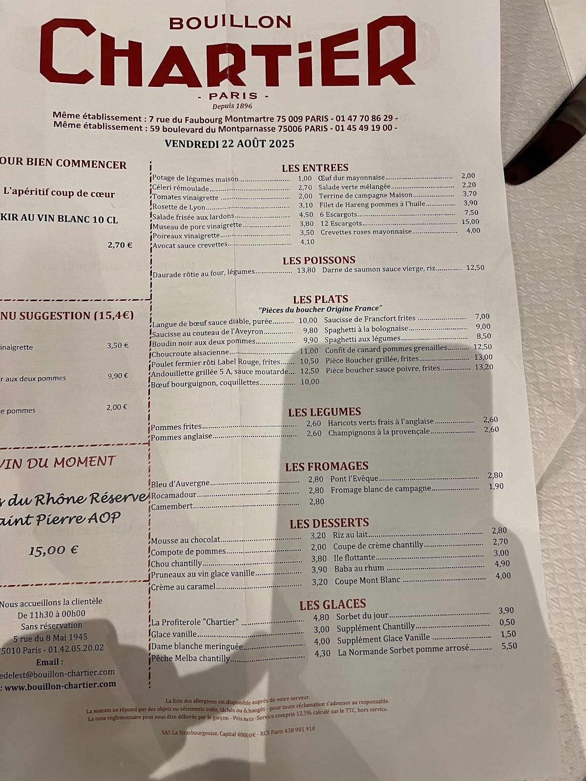 Menu de Bouillon Chartier Gare de l'Est
