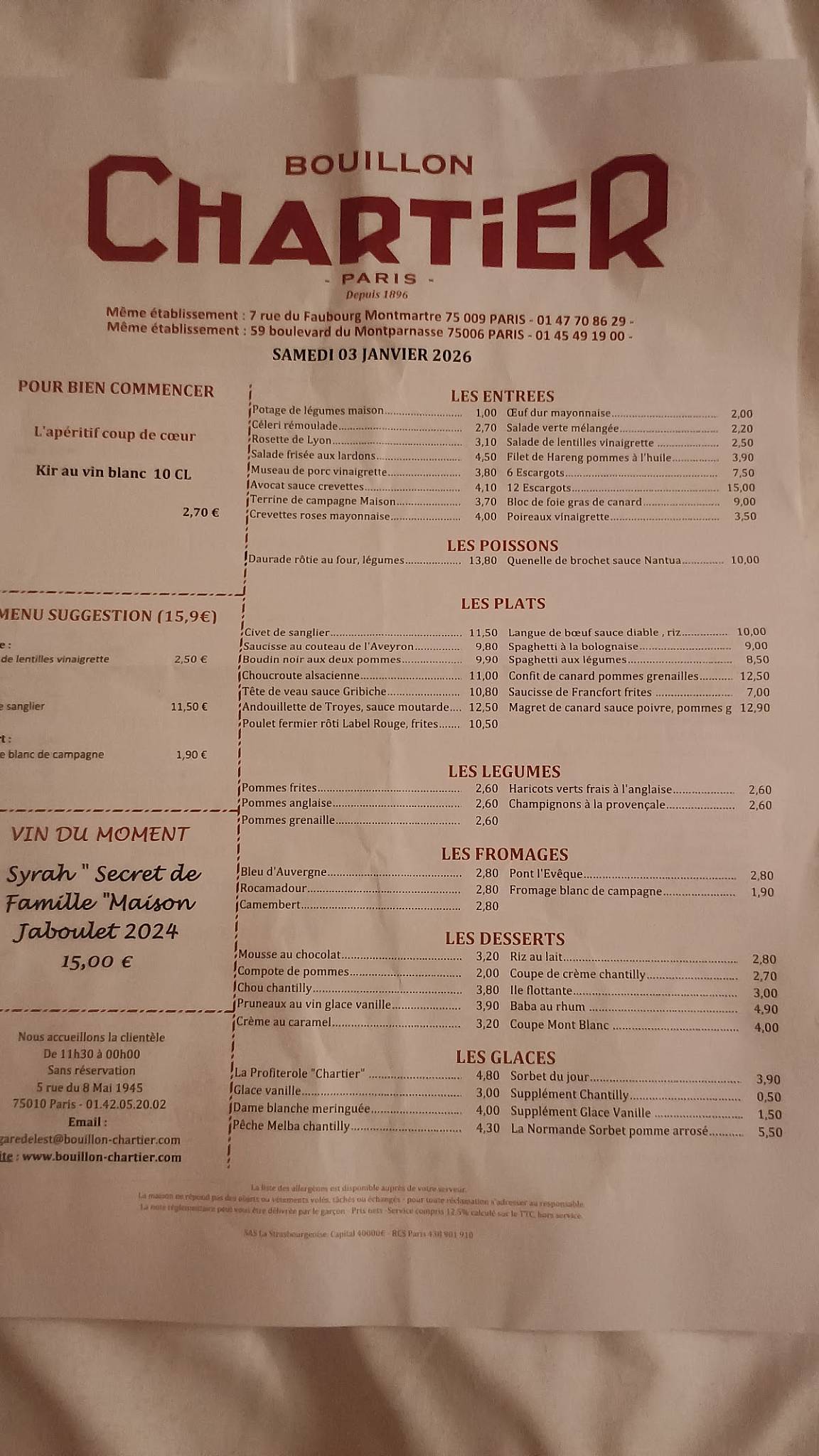 Menu de Bouillon Chartier Gare de l'Est