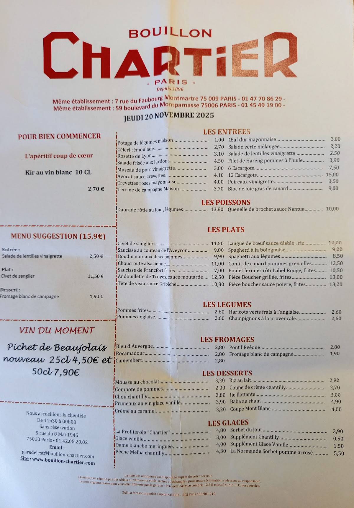 Menu de Bouillon Chartier Gare de l'Est