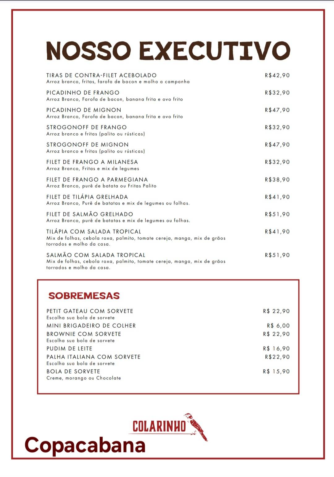 Braseiro Colarinho cardápio