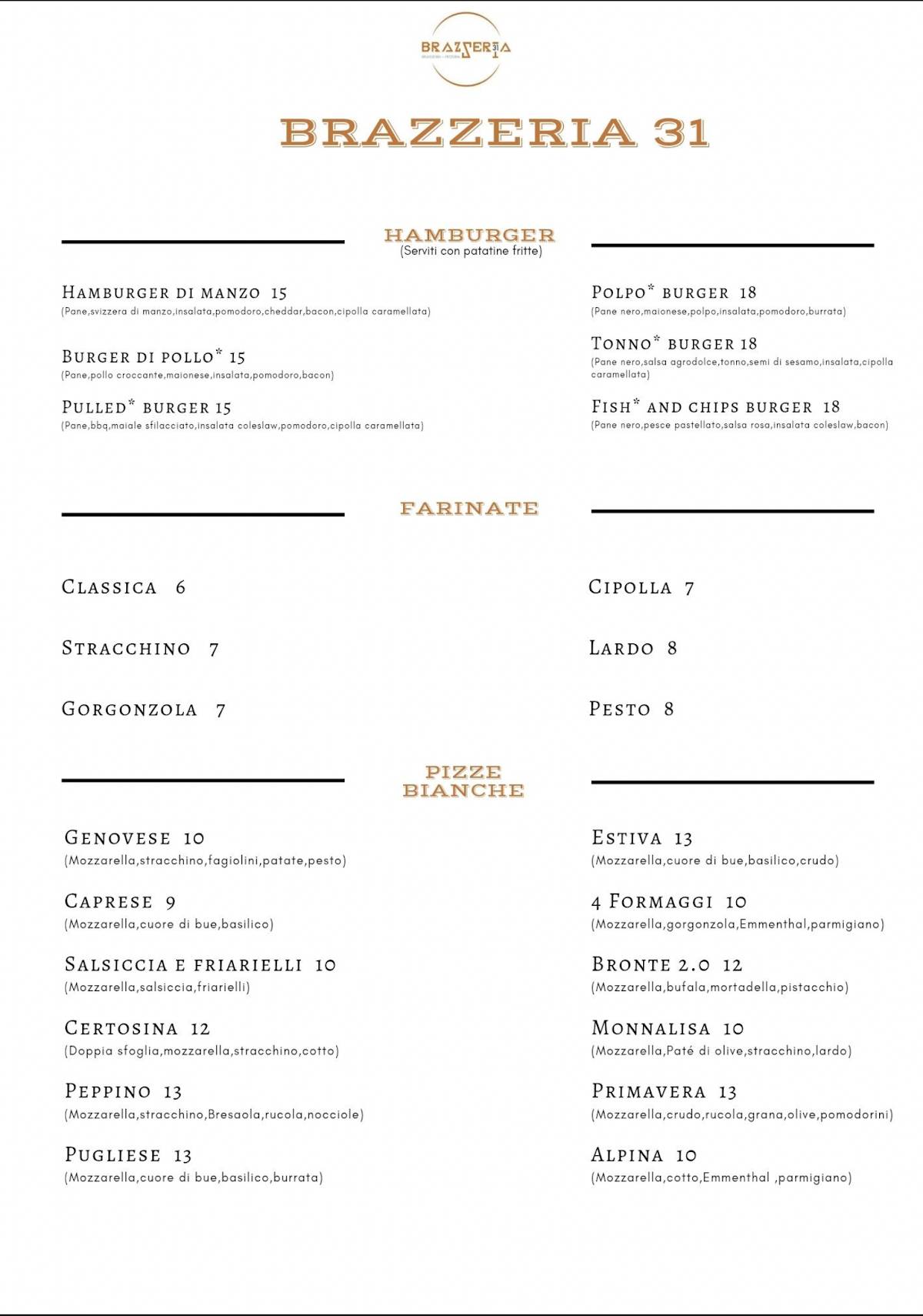 Menu di Brazzeria 31 - Pizzeria e Brasserie a Ventimiglia 