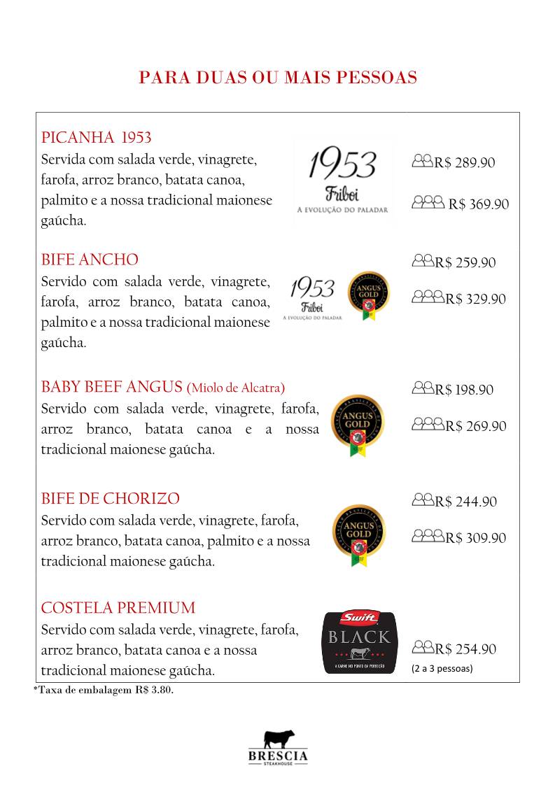 Brescia Steakhouse SJC cardápio