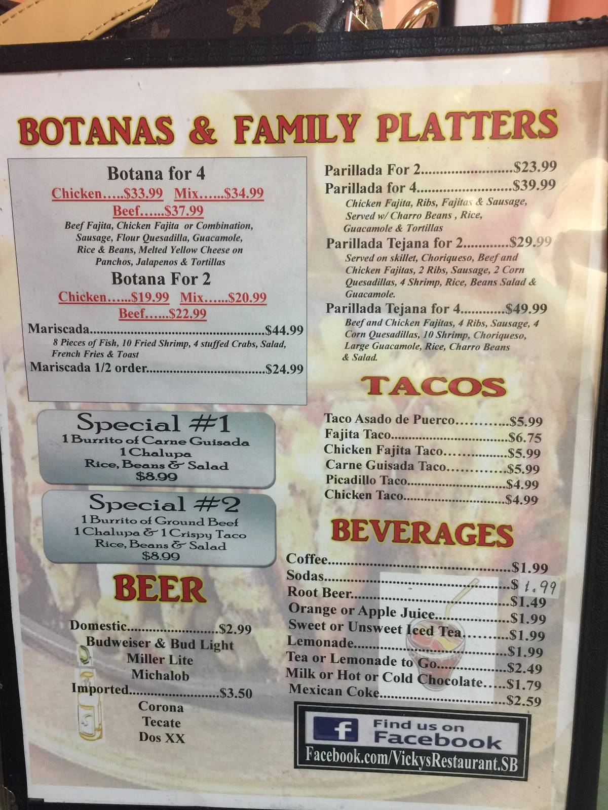 Menu at Vicky's Restaurant, San Benito