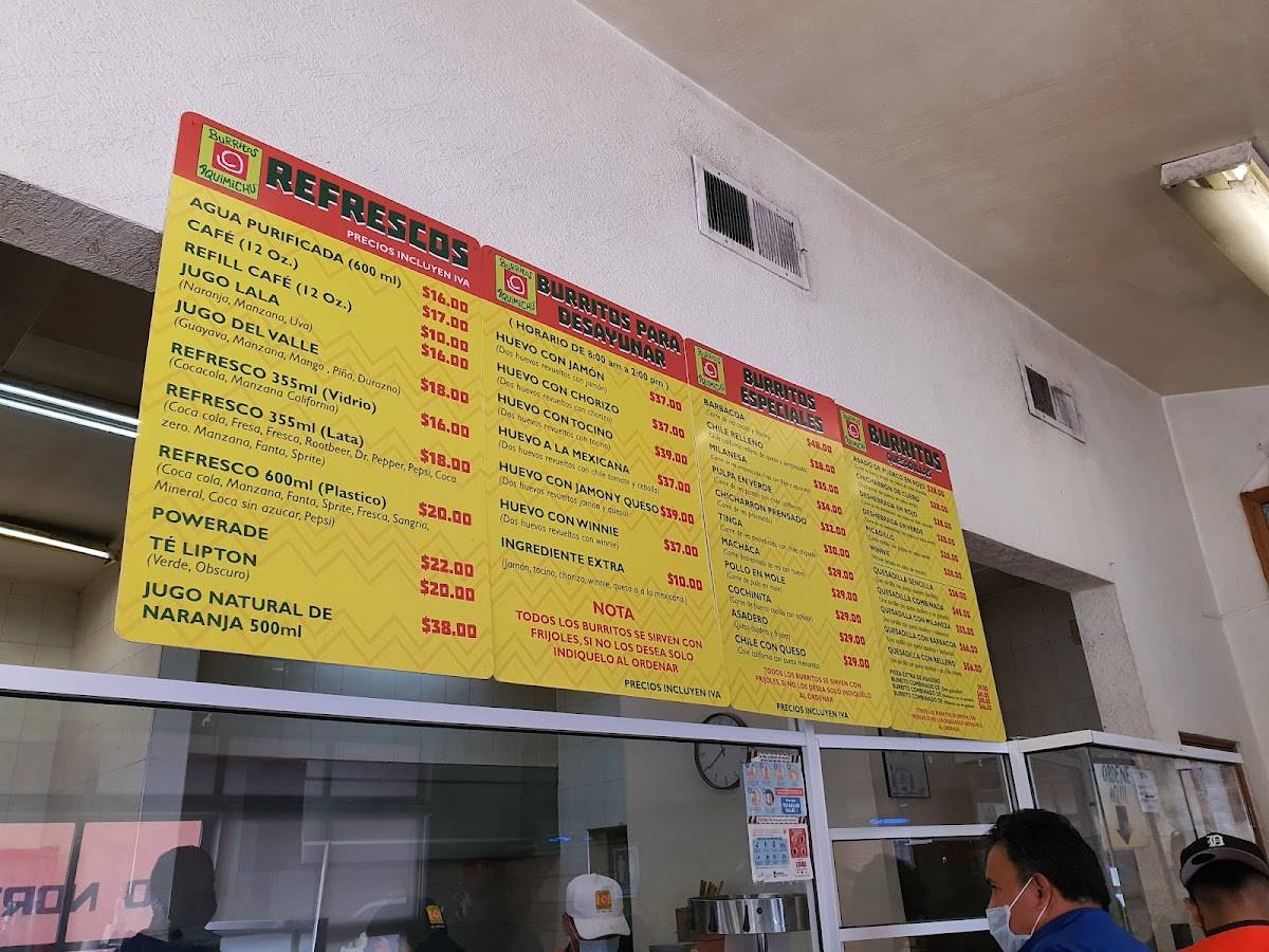 Menu at Burritos Aquimichú restaurant, Ciudad Juarez