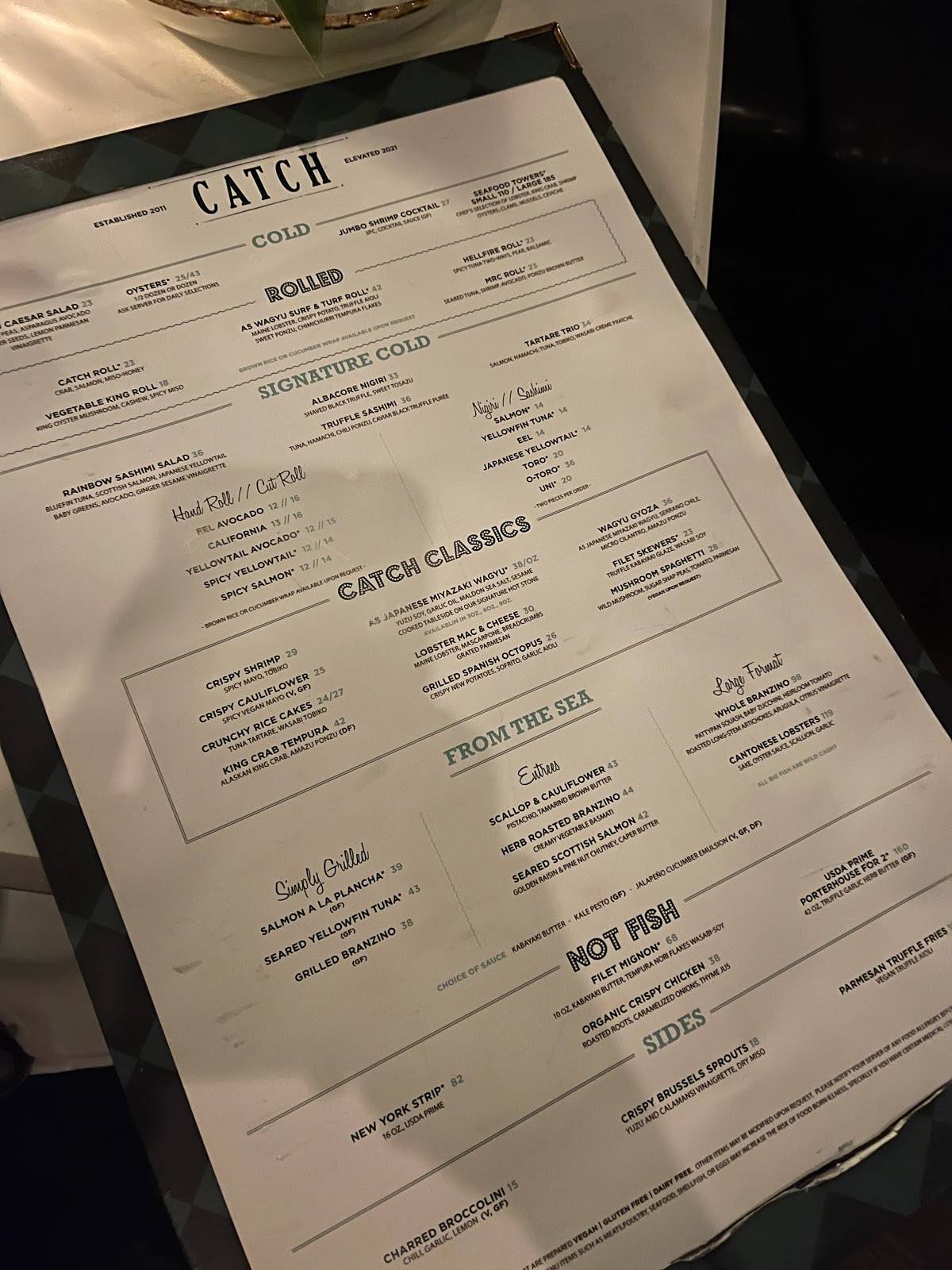 Menu at CATCH restaurant, Las Vegas