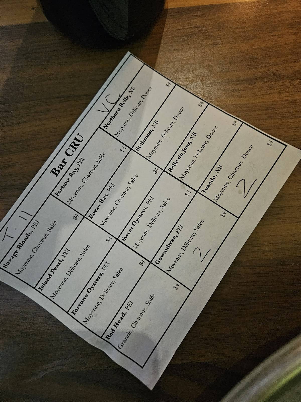 Menu de Cru Bar à Huîtres