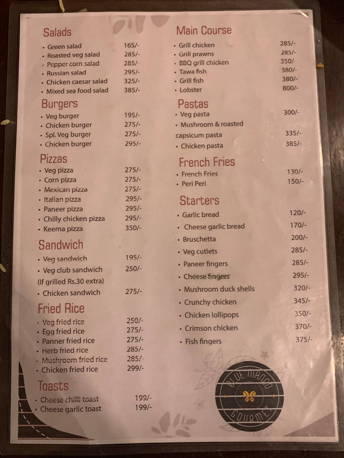 Blue Mango Gourmet menu