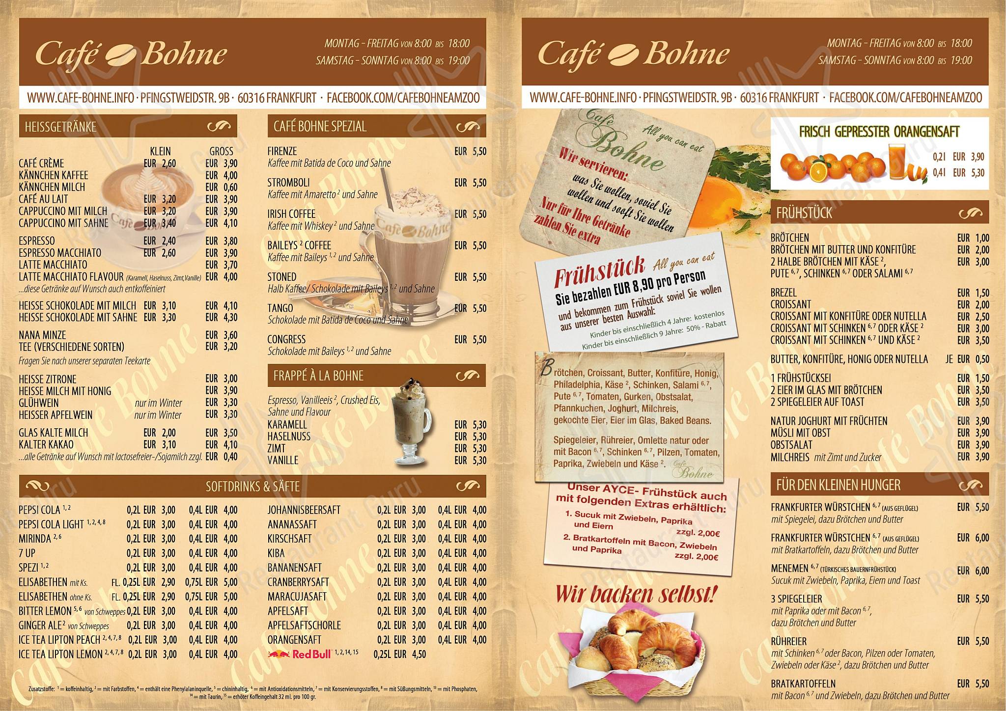 Speisekarte von Cafe Bohne am Zoo, Frankfurt am Main, Pfingstweidstraße 9b