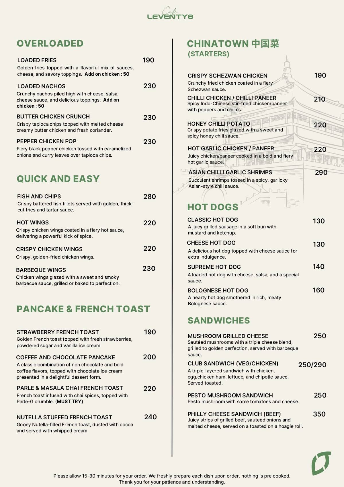 Cafe Leventy8 menu