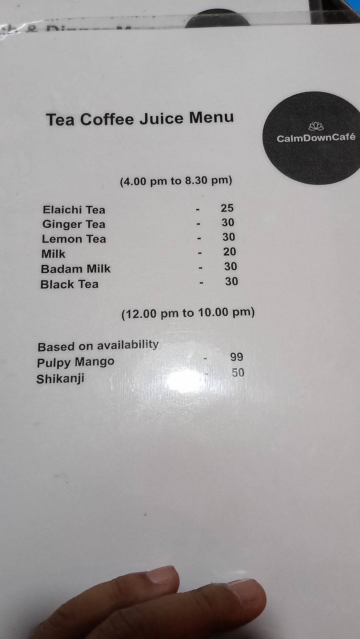 Calm Down Cafe menu