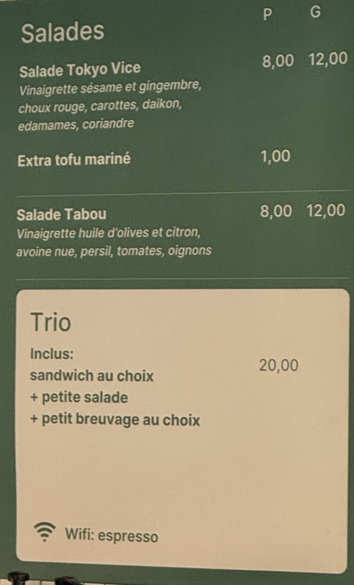 Menu de Café Caron & frères Knowlton