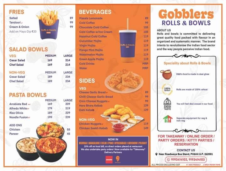 Gobblers Rolls & Bowls, Pilibhit menu