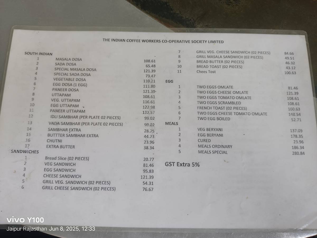 Indian Coffee House Jawaher Kala Kendra Jaipur menu