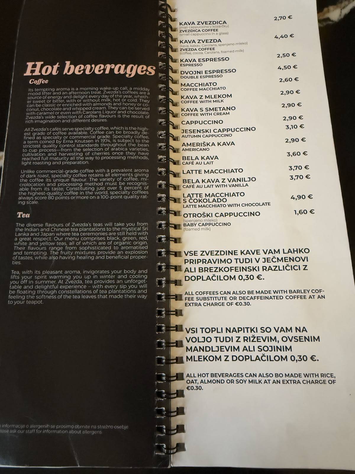 Menu di Kavarna Zvezda 