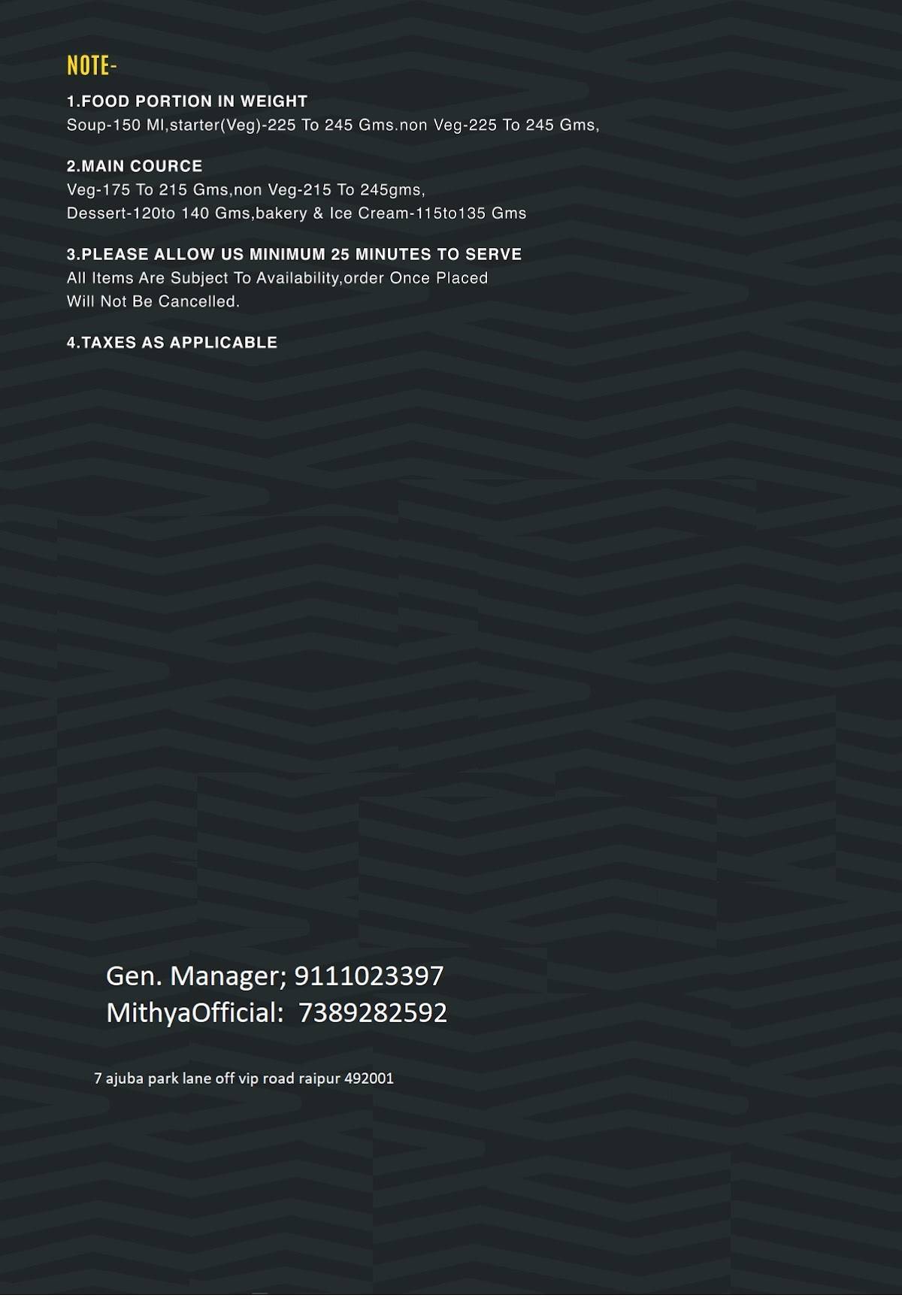 Mithya menu