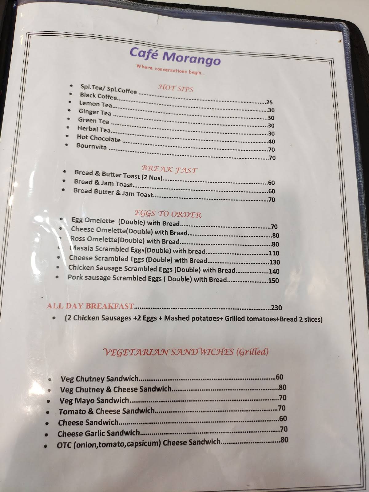 Cafe Morango menu