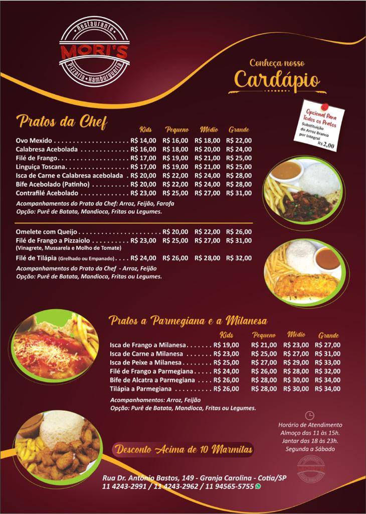 Mori's Gourmet Restaurante e Hamburgueria em Cotia cardápio