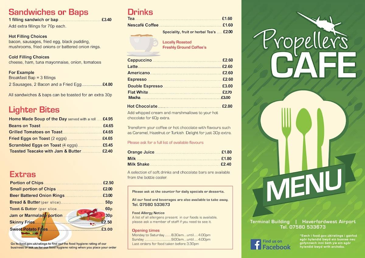 Menu at Propellers Cafe, Haverfordwest, Terminal Building
