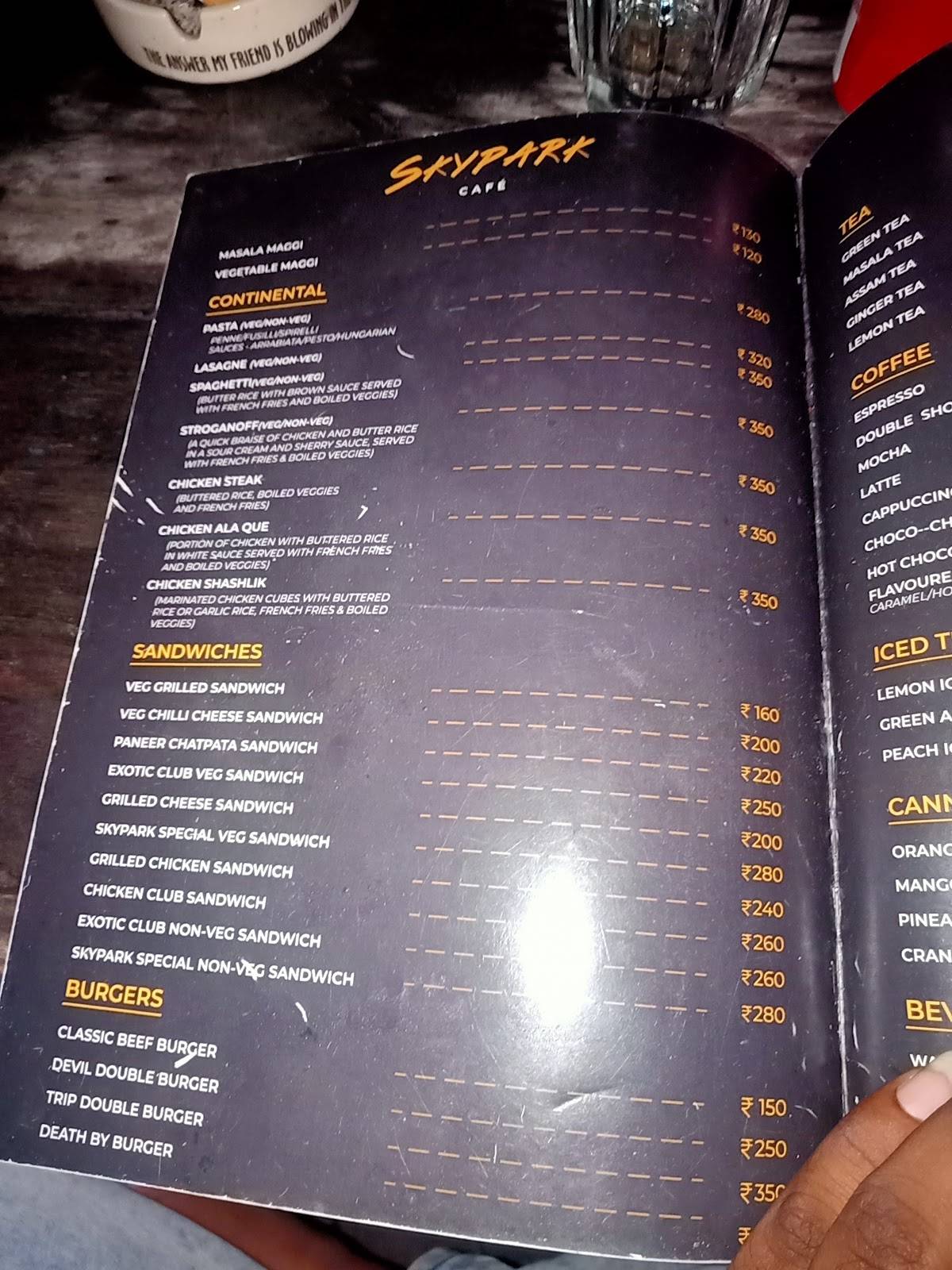 SkyPark Cafe menu