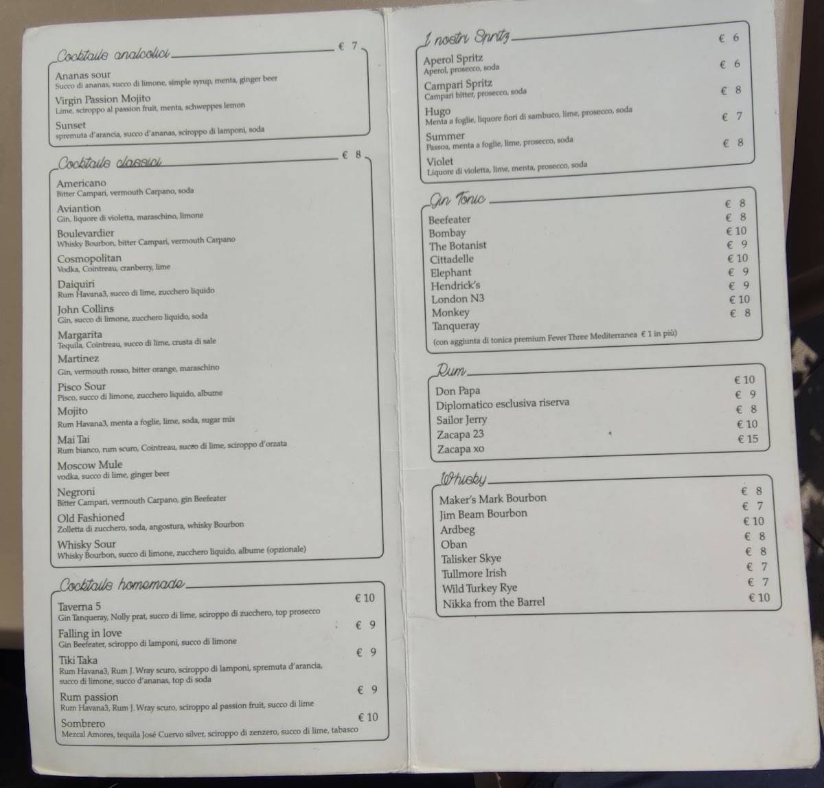 Menu di TavernaCinque 