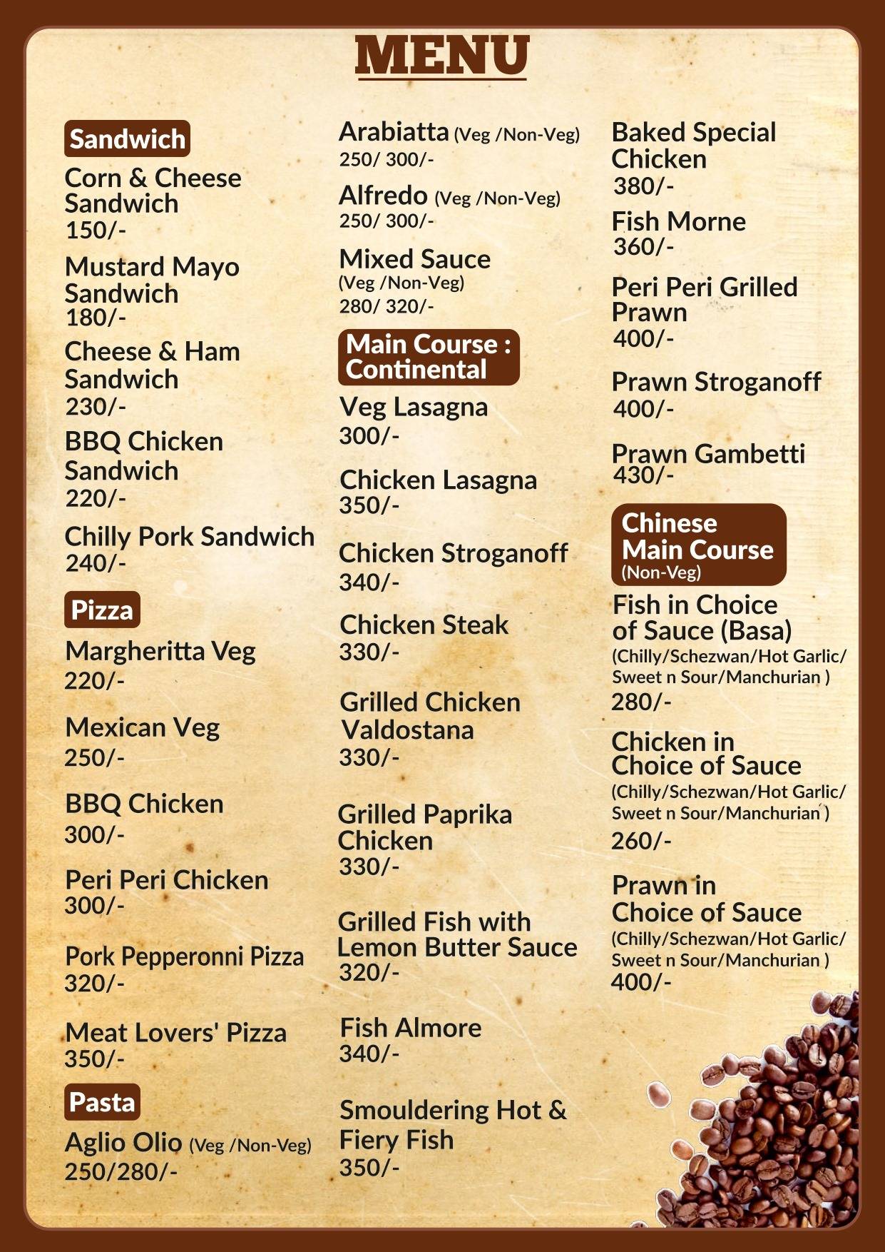 The Tavern Cafe menu