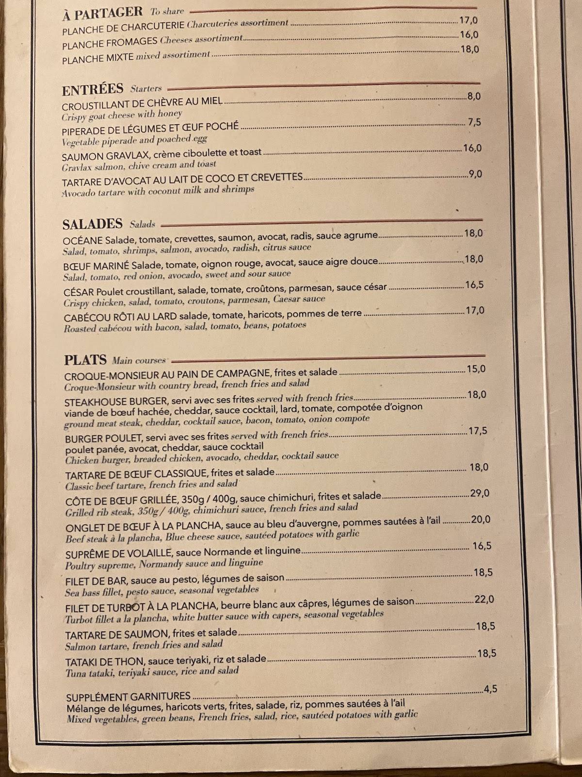 Menu de Brasserie Le Wallace